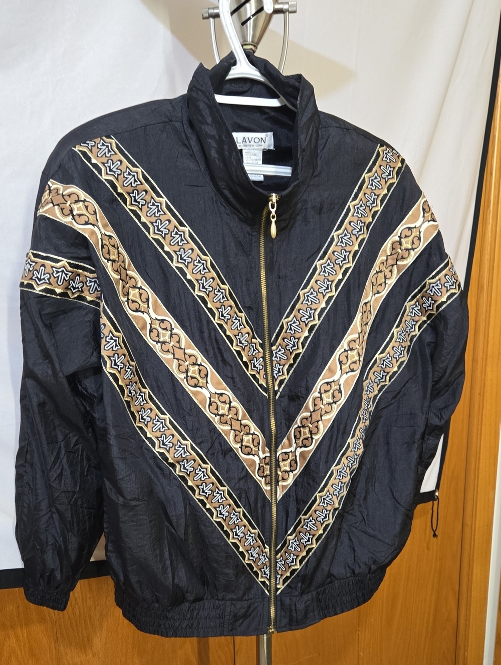 Avon Black Bomber Jacket with Tan & Cream Chevron Embroidery S